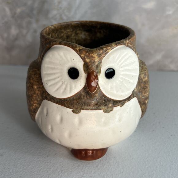Studio Art Pottery Mug Owl Brown Speckled Hand Painted Matte Unmarked - Picture 1 of 11